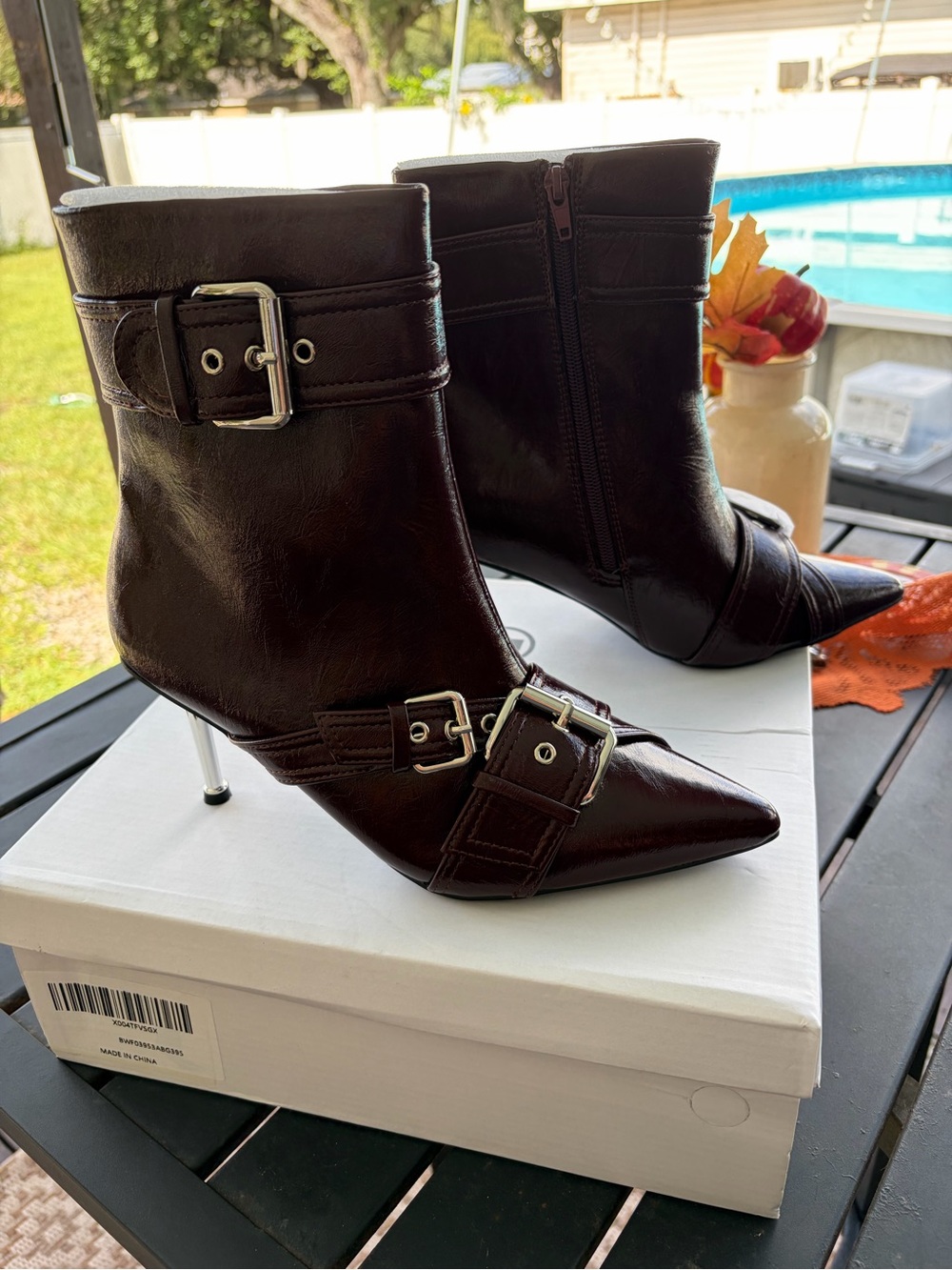 Women’s Pointed Buckle Ankle Boots in oxblood burgundy